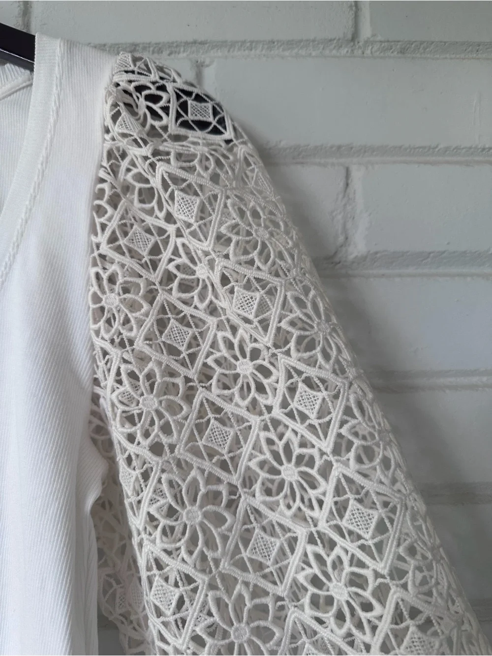 Anthropologie Maeve Lace-Sleeve Ribbed Top - White